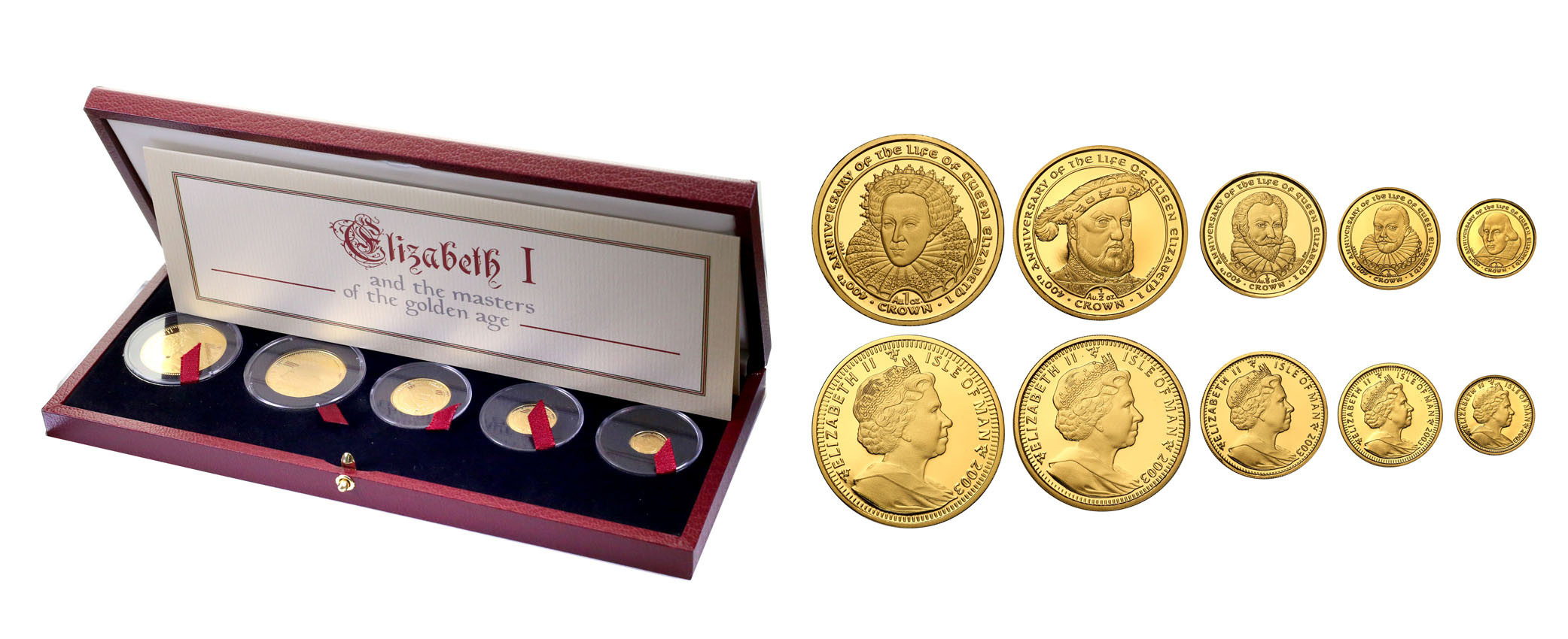 Isle of Man Złoty wiek królowej Elżbiety I 1/25 do 1 korony 2003 r. 5 szt. st.L